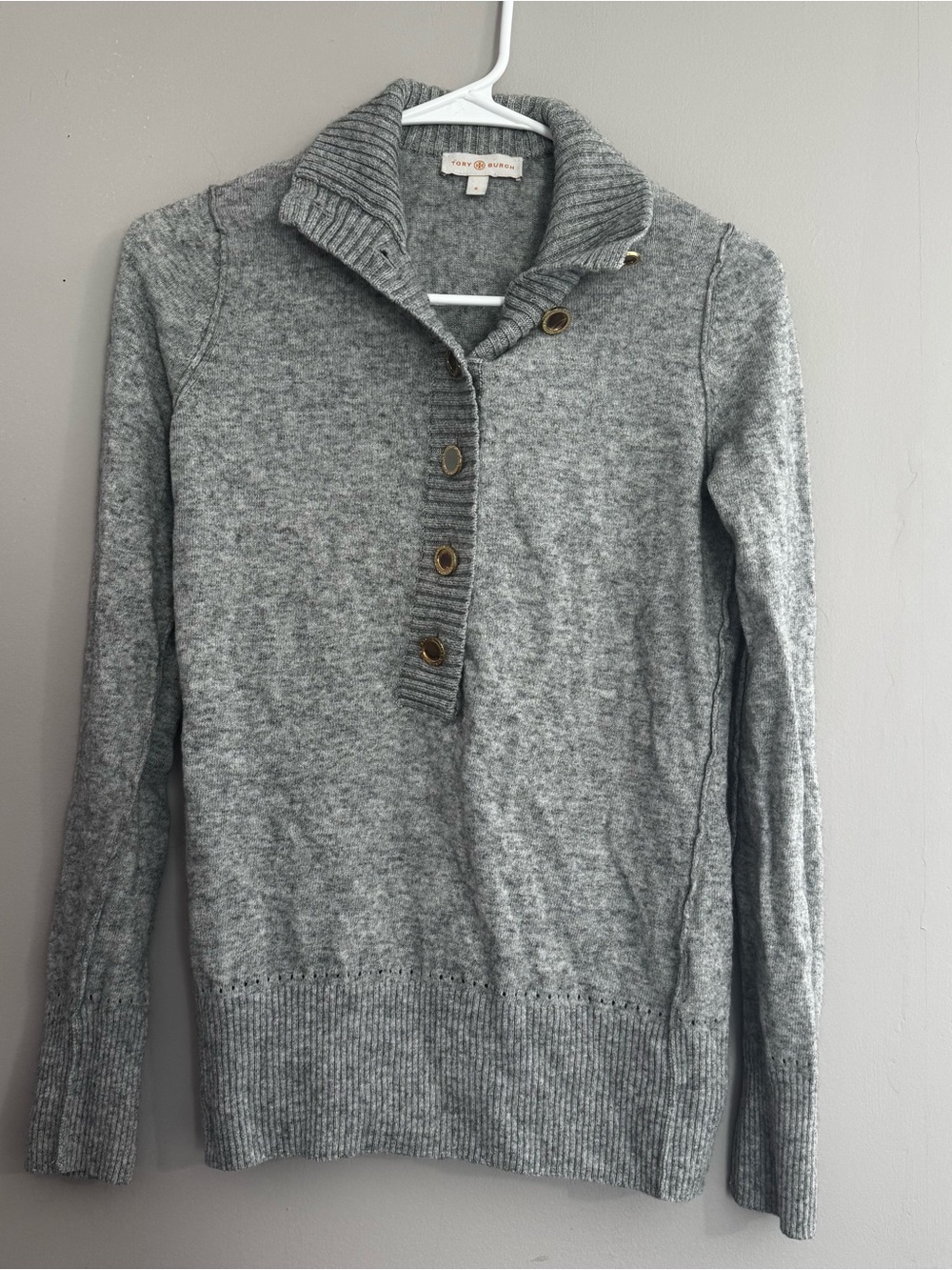 Tory Burch Woman’s Size Small Gray Henley Polo Sweater Button Up Old Money